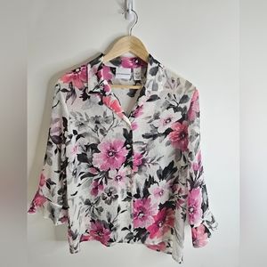 Women's Alfred Dunner White Pink Gray White Floral Button Up 3/4 Sleeve Sheer 8
